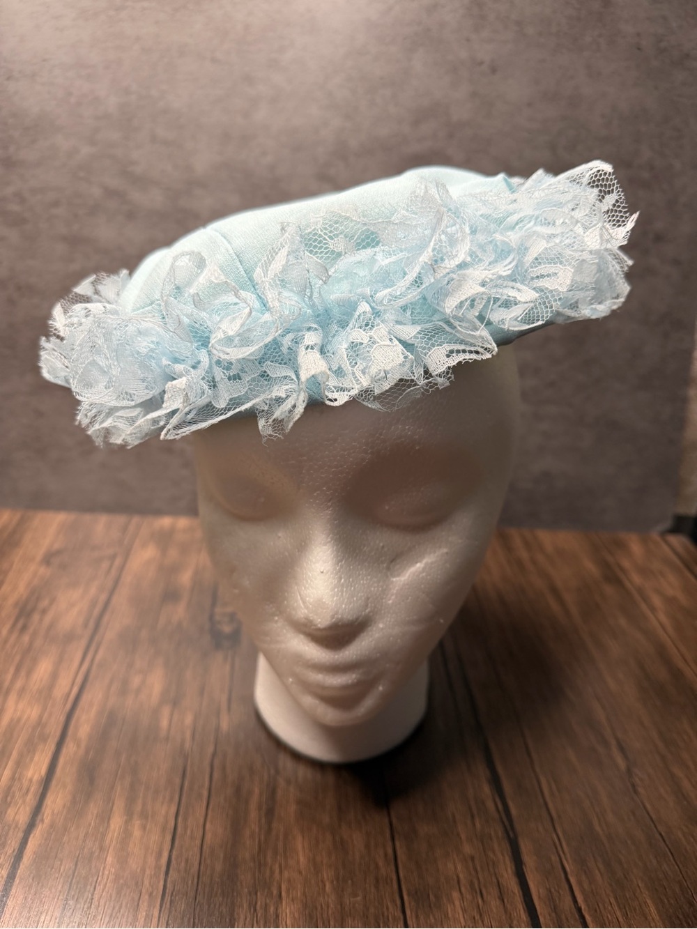 Vintage 1950s Light Blue Baby pillbox Bonnet with White Lace Ruffle Trim